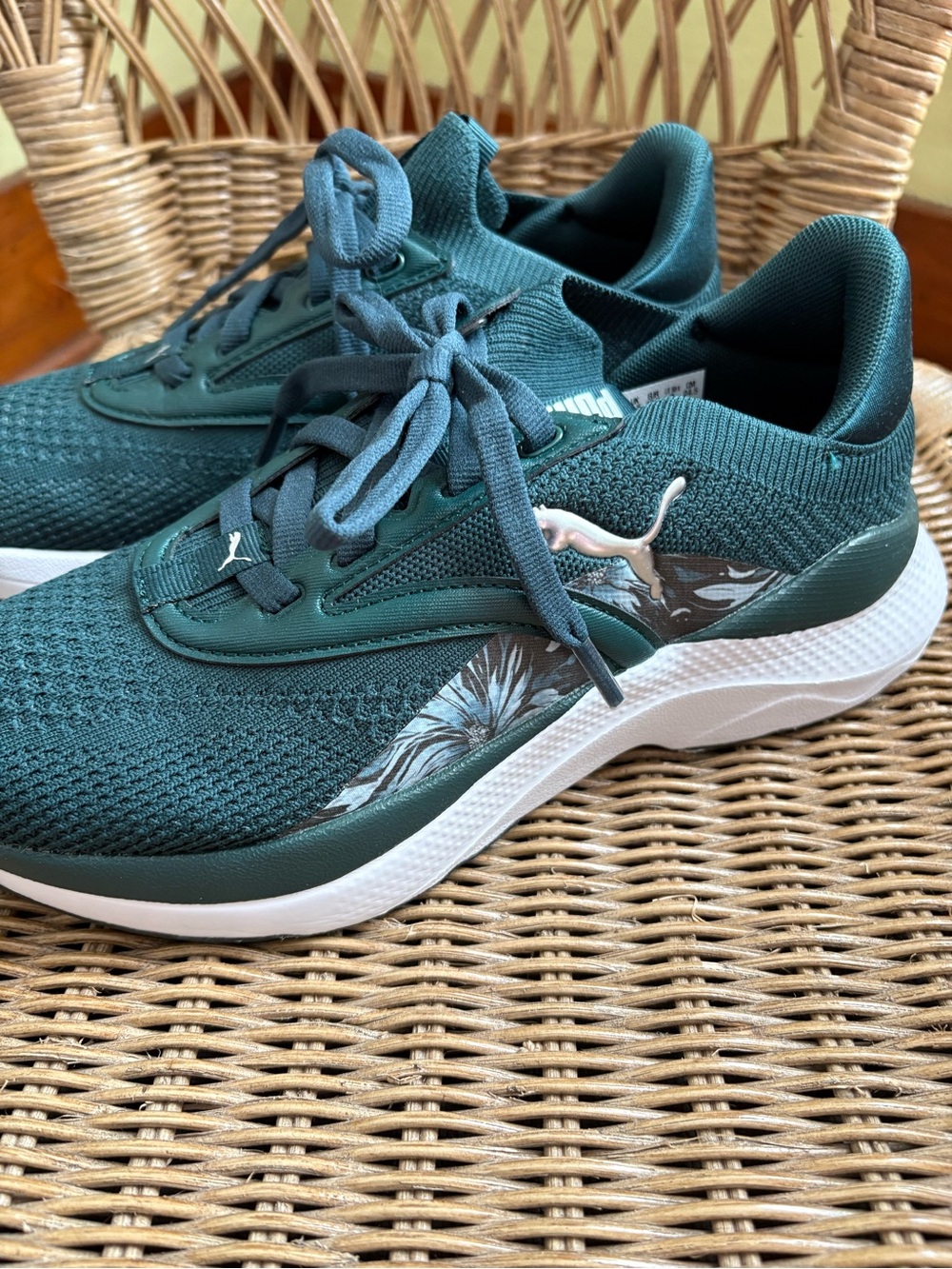 Puma Women’s Dark Forest Green Knit Running Sneakers with White Midsole